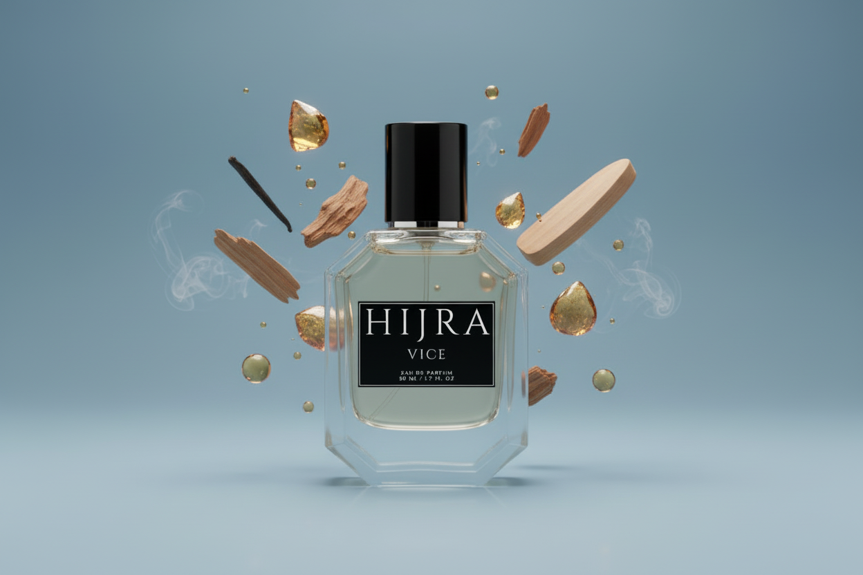 Perfume bottle labeled 'Hijra Vice' on a light gray background